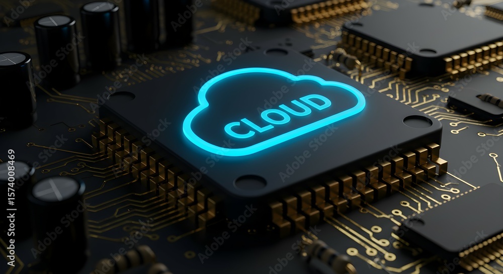 Poster blue cloud icon glowing on a microchip, conceptualizing data storage and internet computing technolo