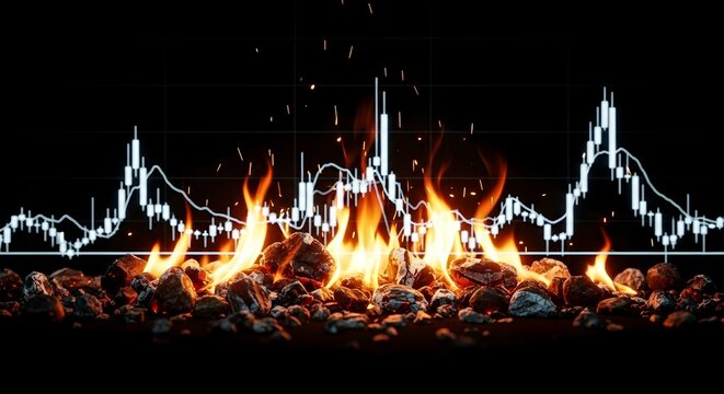 Financial graph with burning fire underneath. Concept of burning money on stock market, financial crisis and economic collapse.