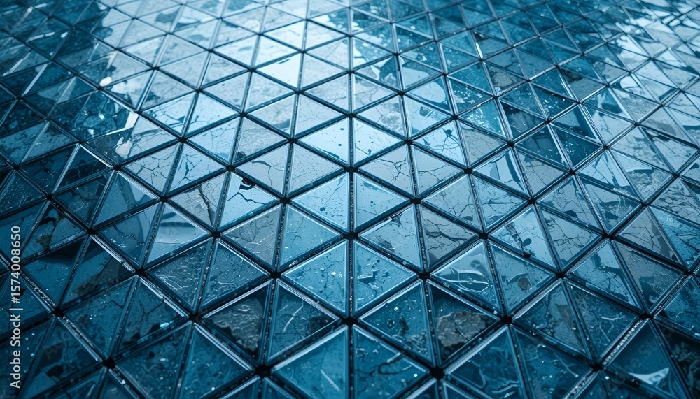 Poster close up of a patterned surface covered with small translucent blue geometric triangles