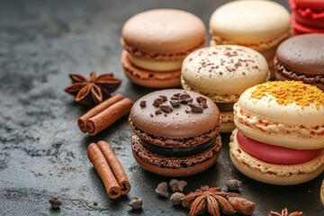 Colorful macarons with spices are on a dark surface. It can be used for cafe, dessert menus, or food blogs.