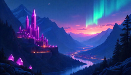 city made entirely of crystals, reflecting northern lights, surreal concept art