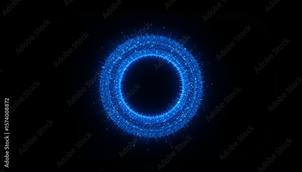 Poster glowing blue circular structure radiating intricate light patterns on a dark background, abstract.