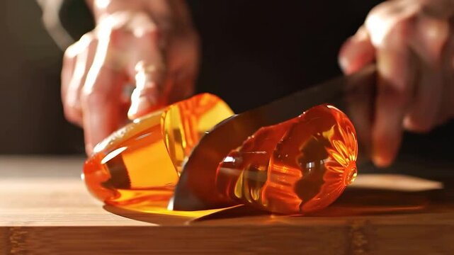 Extremely realistic ultra 8K ASMR video of a man's hand slicing a hyper-detailed (orange) glass sculpture on a wooden cutting board.