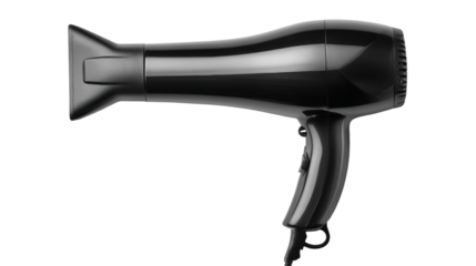 Isolated close up of a sleek black hair dryer with a nozzle and handle on a black background