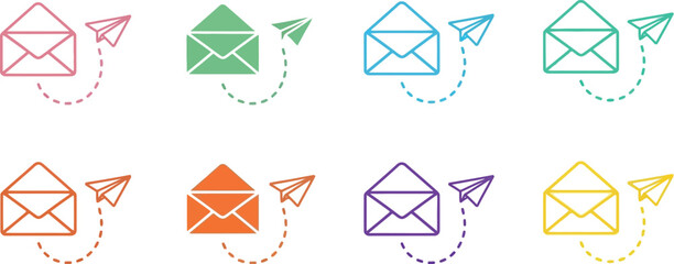 Eight colorful envelope and paper airplane icons with dotted line on white background