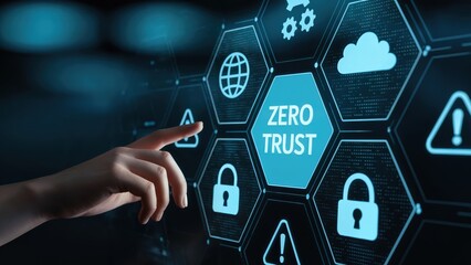 Zero trust concept showcased with glowing icons and hand pressing on digital interface
