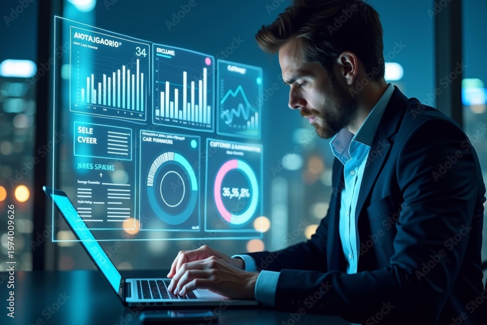 Poster displaying a holographic data dashboard as a businessman works on it
