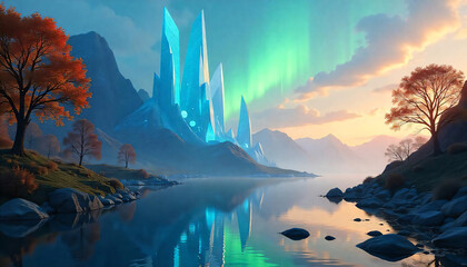 city made entirely of crystals, reflecting northern lights, surreal concept art