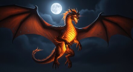 Majestic Fire Dragon Soars Through the Night Sky Under a Full Moon