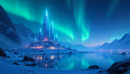 city made entirely of crystals, reflecting northern lights, surreal concept art