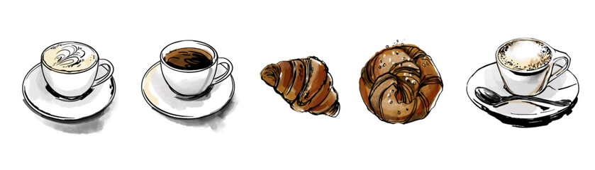Watercolor Coffee and Pastry Set – Vector Illustration