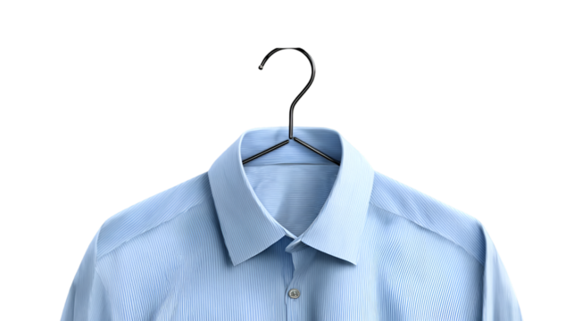 A light blue dress shirt hanging on a black hanger against a dark black studio backdrop for a clean look