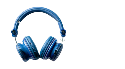 A pair of blue over ear headphones isolated against a black background on the left side of the image