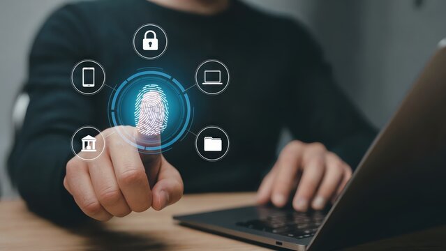 Digital fingerprint biometric scan on laptop secures access for authentication
