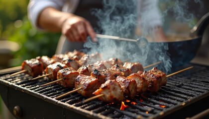 Naklejka premium Grilled Meat Skewers with Smoke on Barbecue Grill Outdoor