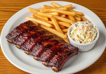 BBQ Pork Ribs with French Fries and Coleslaw on Plate – Overhead Food Sho