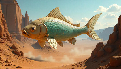 giant glass koi fish floating above a desert, golden hour, magical realism