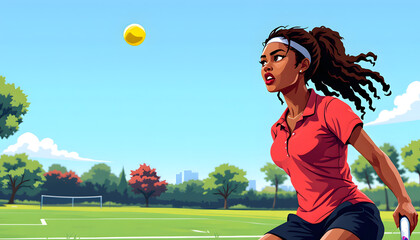 Focused Woman Playing Tennis in Red Shirt on Green Court
