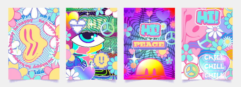 Naklejki Retro y2k poster designs with psychedelic colors - melting smile faces, giant eye, peace signs and daisy flowers. Groovy sticker style graphics for nostalgic party flyers or trendy social media posts.