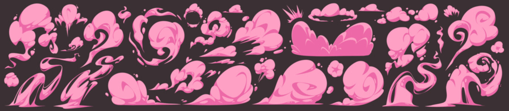 Pink comic smoke effects set - stylized cloud puffs, swirls, vapor trails and explosion bursts on dark background. Cartoon magical spells, fantasy transformations, kawaii action scenes in anime style.