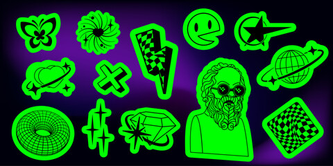 Bright green y2k future sticker set - butterfly, ringed heart, checkered lightning bolt, shooting star, planet with orbit, wireframe torus, diamond crystal and bearded man for nostalgic design.