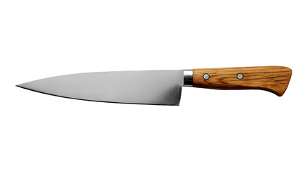 A sharp chef's knife with a wooden handle laying against a black background in a horizontal position