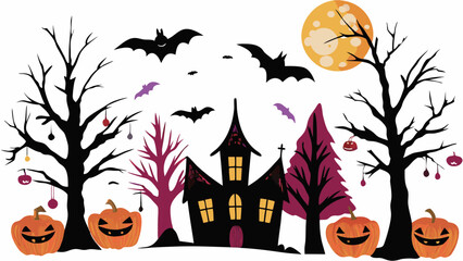 Spooky Halloween night background with pumpkins, bats, and a haunted house, perfect for autumn celebrations