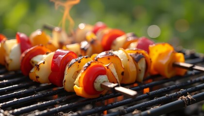 Grilled Vegetable Skewers with Red and Yellow Peppers on Bbq Outdoors