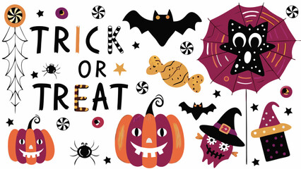 This seamless Halloween pattern features a spooky set of cartoon icons, including pumpkins, bats, witches, ghosts, and skulls, perfect for autumn holiday designs