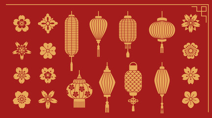 Golden chinese lanterns with japanese flowers on red background - traditional paper lanterns with tassels, oriental blossoms for for lunar new year, spring festival decorations or asian cultural event