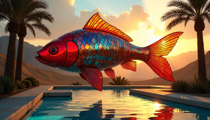 giant glass koi fish floating above a desert, golden hour, magical realism