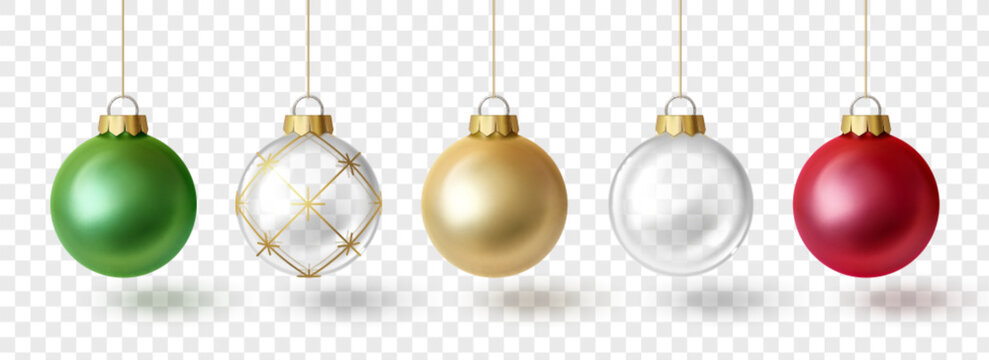 3d Christmas tree bauble set - green shiny sphere, glass ornament with golden pattern, metallic gold ball, transparent glass globe and red festive decoration hanging on strings for holiday designs.