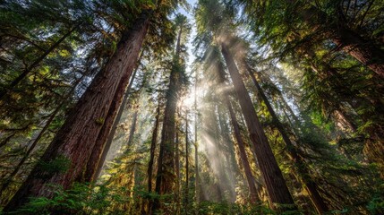 Fototapeta premium Enchanted Misty Forest with Towering Red-Barked Trees and Sunbeams Piercing Ancient Canopy