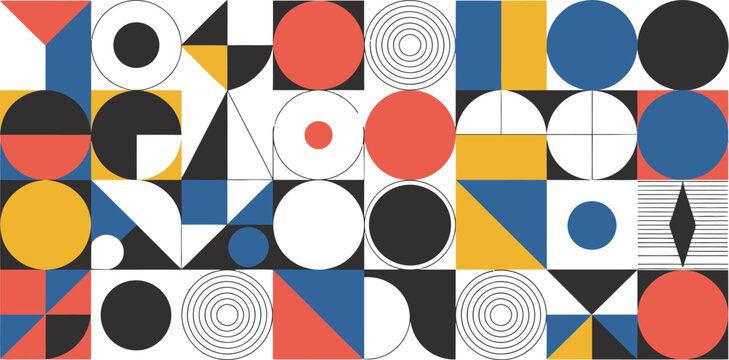 Geometric composition featuring circles squares and triangles in primary colors on a light background