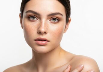Close-Up Portrait of Freckled Woman With Natural Beauty on White Background