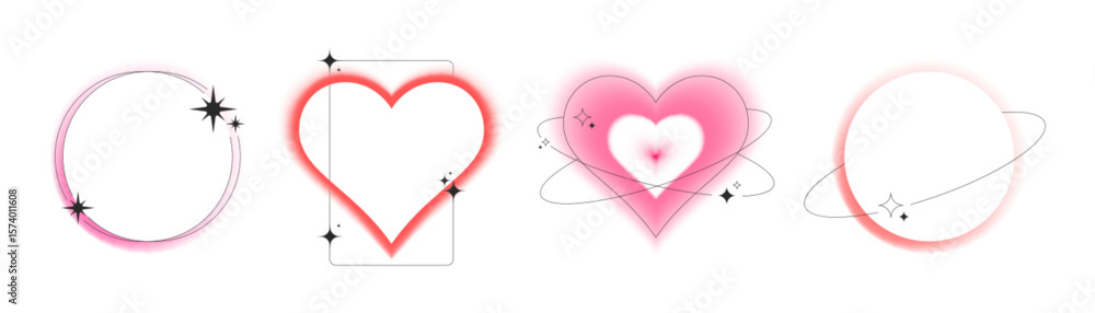 Poster heart border collection with neon blur aura effects, pink gradient round frames with sparkle stars a