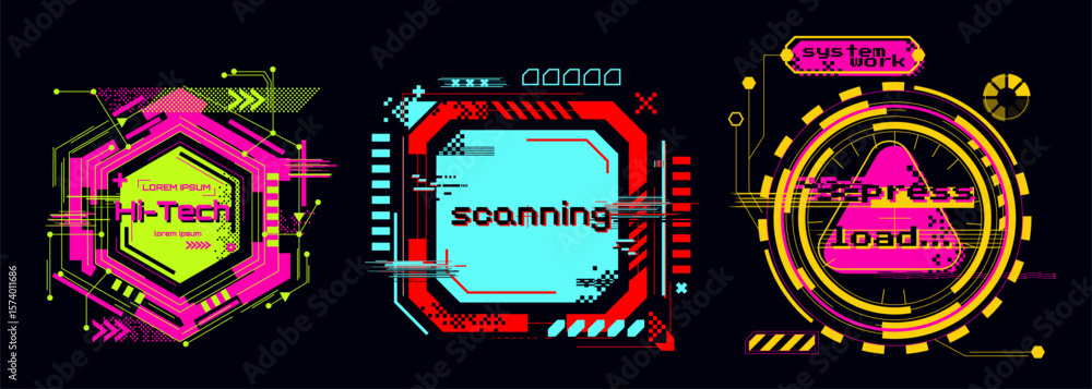 Poster cyberpunk glitch frame collection with neon colors - circular badge, triangular border design, hexag