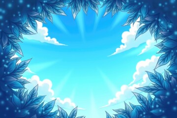 Vibrant Blue Sky Background with Lush Foliage Frame