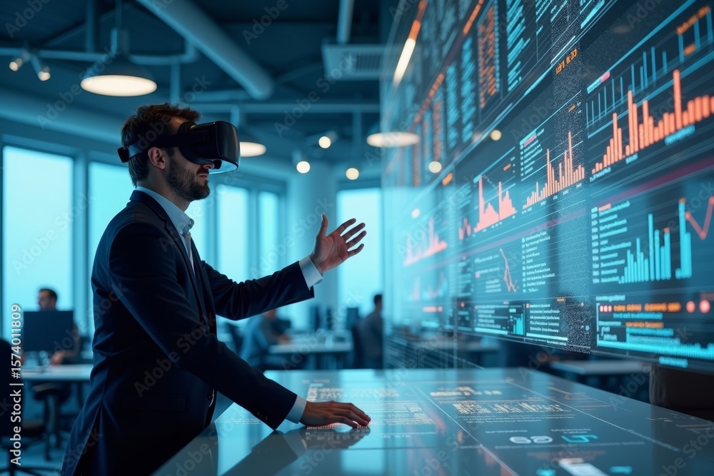 Aufkleber businessman analyst utilizing virtual reality technology for data analytics in cutting-edge office e