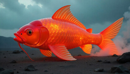 giant glass koi fish floating above a desert, golden hour, magical realism