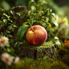 Juicy Peach on Mossy Log: Nature's Summer Bounty