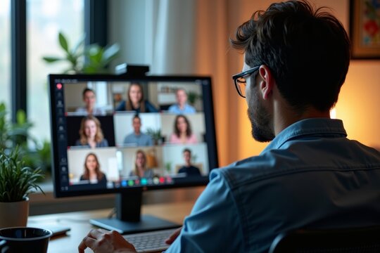 Remote Worker Engaged in Online Video Conference at Home Office