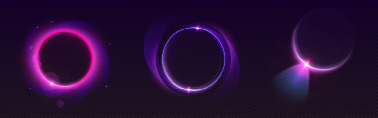 Neon halo light effects glowing purple and pink on dark bg - futuristic circular rings with bright sparkles and curved energy trail for sci fi interface, cyberpunk design or digital presentation.