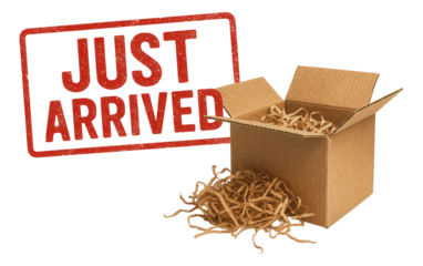 Rectangular red stamp sticker with JUST ARRIVED in vintage style next to an open cardboard box on transparent background.