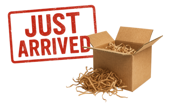 Rectangular red stamp sticker with JUST ARRIVED in vintage style next to an open cardboard box on transparent background. - Powered by Adobe