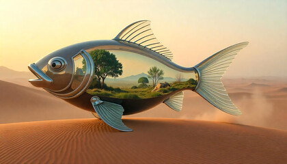 giant glass koi fish floating above a desert, golden hour, magical realism