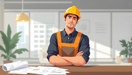 Confident Construction Worker in Orange Overalls Standing with Blueprints in Light Modern Office