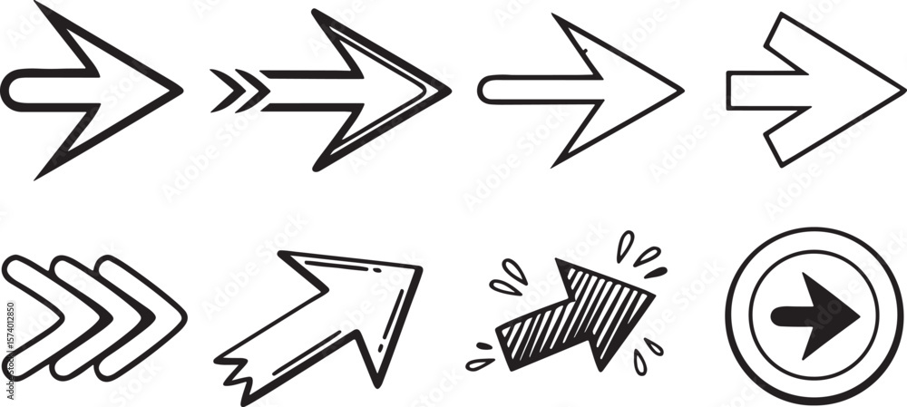 Poster collection of doodle arrow icon, modern flat arrow mark, brush stroke arrow symbol paint, hand drawn