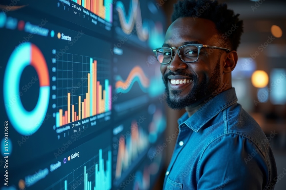 Poster african businessman posing confidently in front of dynamic kpi dashboard on massive digital screen w