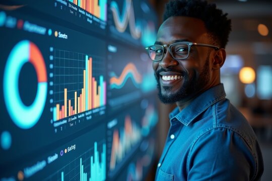 African Businessman Posing Confidently in Front of Dynamic KPI Dashboard on Massive Digital Screen with Colorful Graphs